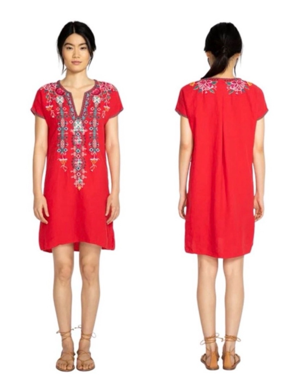 Johnny Was Linen Embroidered Tunic Dress in Red Size XL